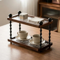 Dark Brown Two-Tier Storage Rack Textured Tabletop Tray Rack Twisted Posts Wooden Tray Organizer Clear for Desk, Vanity, Entryway