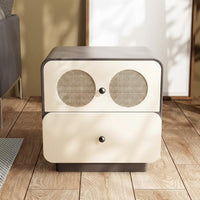 Retro Design 2-Drawer Nightstand with Woven Panels Minimalist Aesthetic 2-Drawer Storage Chest Space-Saving Bedside Table Multi-Purpose for Young Adults, Apartment Dwellers, Guest Room, Small Areas, Home Decor, College Dorm