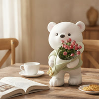 Matte Bear Vase Cute Bear Ornament Contemporary Vase with Bow Minimalist for Living Room