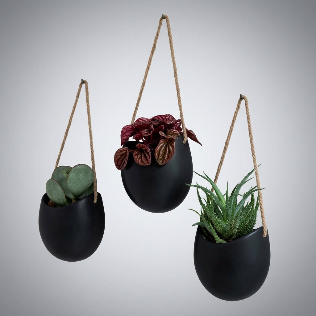 Plant Pots for Indoor Plants and Flower Pots, Set of 3 Matte Ceramic Planter Wall Hanging for Home Office, Modern Minimalist Wall Planter