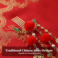 Traditional Chinese Attire Hair Crown Set Festive Design Red Decorative Puff Tassel Hairpins New Year Hair Accessory Set Ancient