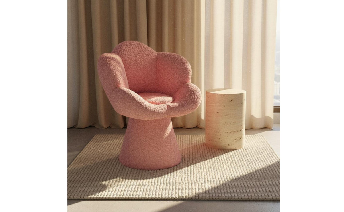 Ergonomic Backrest Swivel Makeup Chair Sturdy Frame Flower Petal Chair High-Density Foam Filling Soft Teddy Material for Women, Girls, Bedroom, Nail Salon
