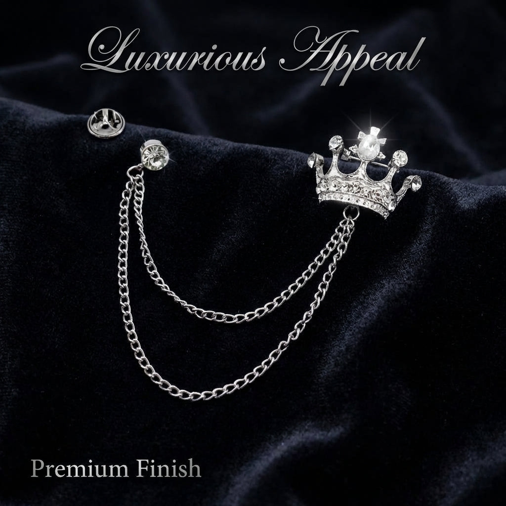 Crown Brooch Pin with Hanging Chain, Fashion OL Lapel Pin for Suit, Retro Chain Brooch for Men Women, Decorative Pin Accessory