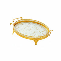 Openwork Rim Oval Metal Serving Tray Curled Handles Gold Oval Tray Marble-Like Pattern Home Accessory Patterned Border for Tabletop Display