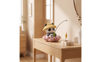 Panda Figurine with Fishing Rod Small Panda Statue with Lotus Base Mini for Desk
