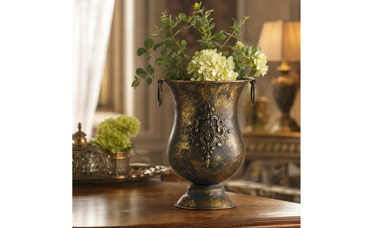 Decorative Metal Vase Retro Decorative Iron Vase Embossed Urn Planter for Mantel, Flower