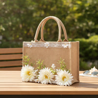 Textured Tote Bag with Floral Decoration Lightweight Tote Bag with Lace Trim Rustic Portable for Brides