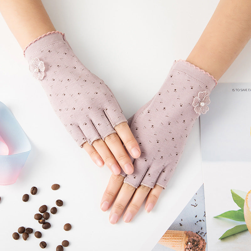 Women's Thin Anti-Slip Half-Finger Cotton Gloves for Outdoor Cycling Driving UV Protection