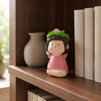 resin Stretching Figurine Stretching Pose Seated Figurine Green Leafy Headpiece Tranquil Resin Ornament