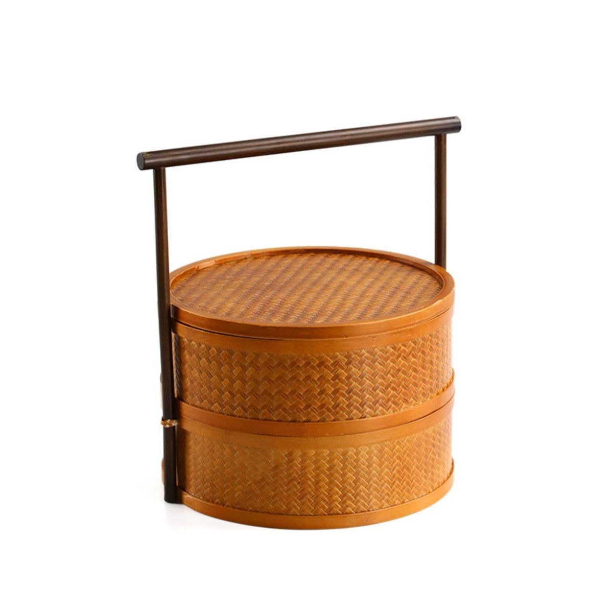 Handmade Double-Layer Bamboo Basket Natural Basket with Handle and Lid Vintage Multi-Purpose for Tea Lovers