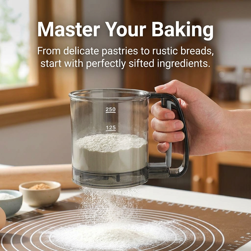 Semi-Automatic Flour Sifter for Home Kitchen, Stainless Steel Fine Mesh Sieve Cup for Powdered Sugar Shaker for Cakes, Icing Sugar Duster