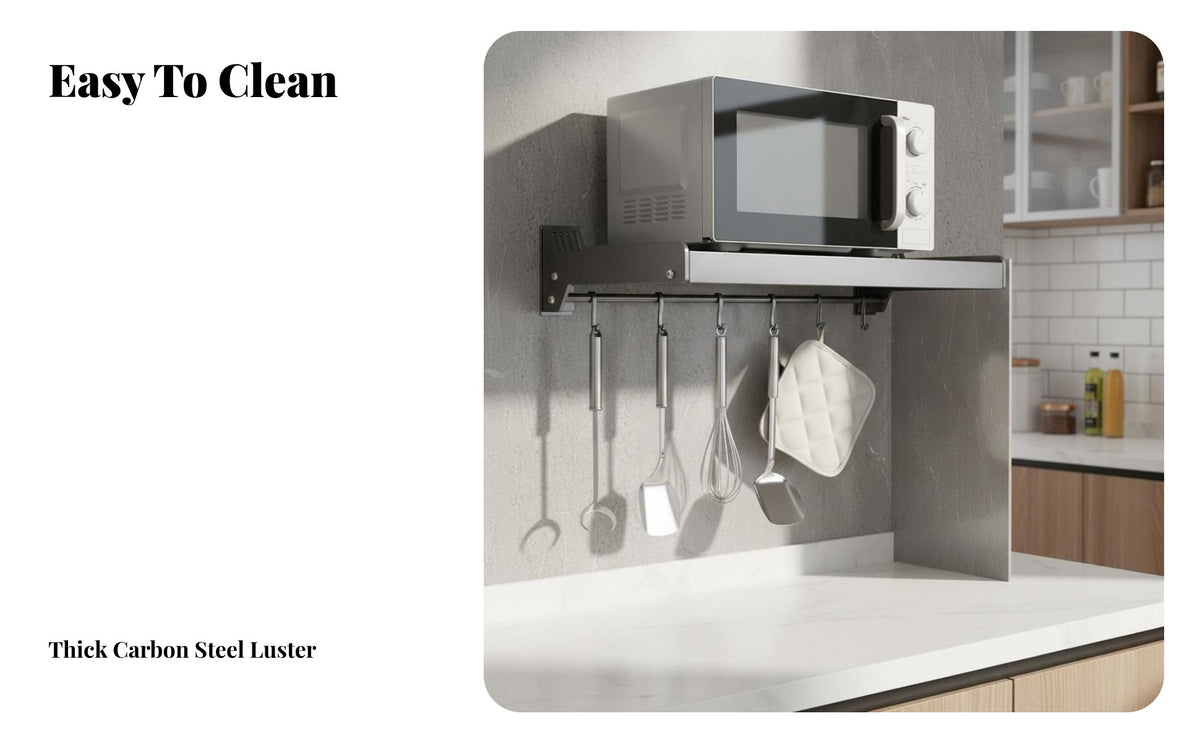 Punchdrill-No-Cost Installation Wall-Mounted Microwave Shelf Multi-Functional Floating Microwave Bracket Space-Saving Kitchen Rack With Hooks for Apartment Dwellers, Homeowners, Home Cooks, Small Apartments, Dorm Room, Pantry, Garage