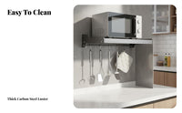 Punchdrill-No-Cost Installation Wall-Mounted Microwave Shelf Multi-Functional Floating Microwave Bracket Space-Saving Kitchen Rack With Hooks for Apartment Dwellers, Homeowners, Home Cooks, Small Apartments, Dorm Room, Pantry, Garage