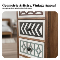 Rustic Design Carved Drawer Chest Distressed Finish Geometric Pattern Drawer Chest Compact Size Bedside Table Sturdy Construction for Homeowners, Interior Design Enthusiasts, Bedroom, kid's Room, Entryway, Hallway