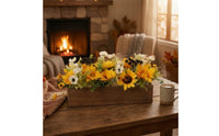 Helianthus Centerpiece with Wooden Planter Summer Floral Arrangement Decorative Decor for Shelf