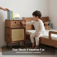 Rattan Drawer Front Robot-Shaped Side Table Space-Saving Design Multi-Compartment Side Cabinet space-efficient Size Nightstand adaptable Use for Children, Families, Homeowners, kid's Room, Playroom, Home Office, Entryway
