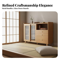 Japanese aesthetic Fluted Glass Door Credenza Multi-Functional Sideboard Large Capacity Storage Cabinet Sliding Upper Doors for Apartment Dwellers, Homeowners, Interior Design aficionados, Living Room, Kitchen, Entryway, Bedroom
