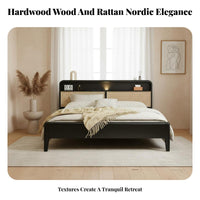 Rattan Panel Bed Frame Wabi-Sabi Aesthetic Woven Cane Bedstead Vintage Design Bedroom Furniture for Homeowners, Apartment Dwellers, Guest Room, Home