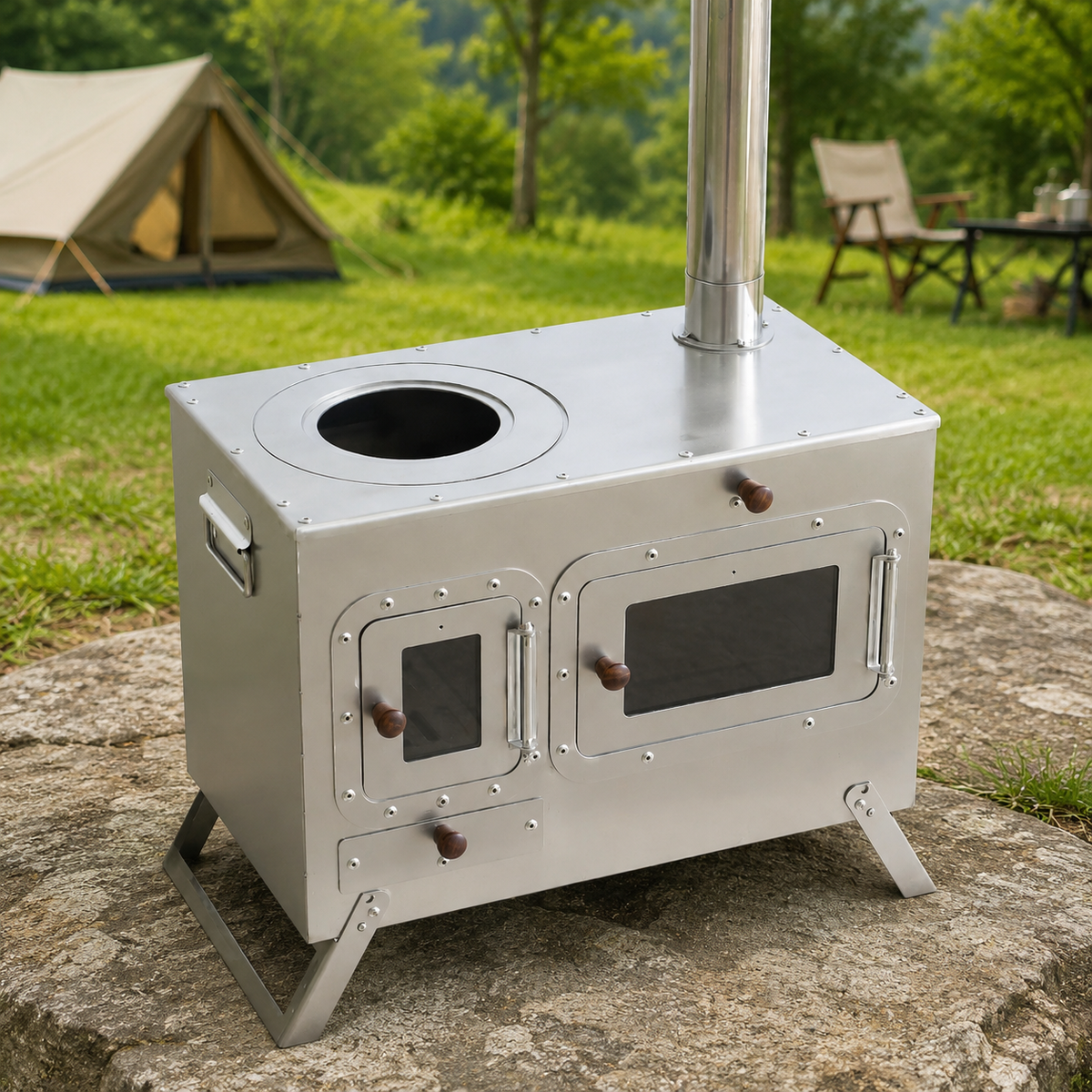 Foldable Rocket Stove for Camping, Wood Stove with Pizza Stone, Portable Camping Cooker for 3-5 People, 50.5x28.5x33cm