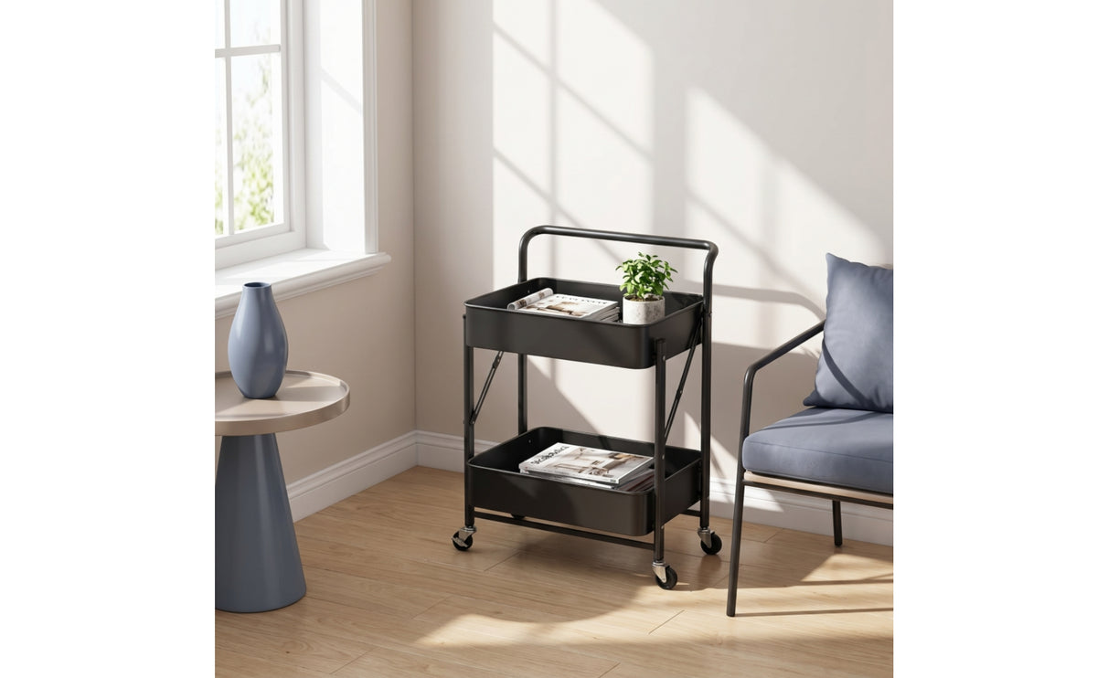 2-Tier Collapsible Utility Cart Space-Saving Foldable Rolling Cart Heavy Duty Long-Lasting for Kitchen