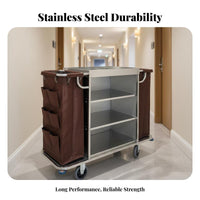 Double-Sided Linen Cart Heavy Duty Stainless Steel Hotel Trolley Large Capacity Commercial Cleaning Cart on Wheels for Guest Room, Restaurant
