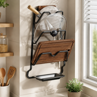Walnut Pot Lid Rack With Drain Tray, Pan Lid Holder No Drill Lid Holder, Cupboard Lid Storage For Pots & Pans