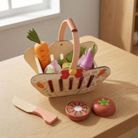 Rounded Edges Wooden Food Cutting Toy Brightly Colored Sliceable Fruit and Vegetable Set for Children, Pretend Kitchen Play