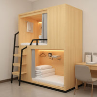 Dormitory Capsule Bunk Solid Wood Frame Wooden Hostel Bed Built-in Ladder Capsule Bed for Students, Visitors, Apartment