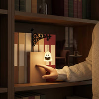 Lamp Statue with Ghost Reading Book Bookish Ghost Figurine Lamp Shelf Light with Bracket Spooky-Cute Cozy for Readers, Bookshelf