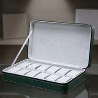 PU Leather Zippered Watch Storage Bag Green Hard Case Watch Organizer Contrast Stitching