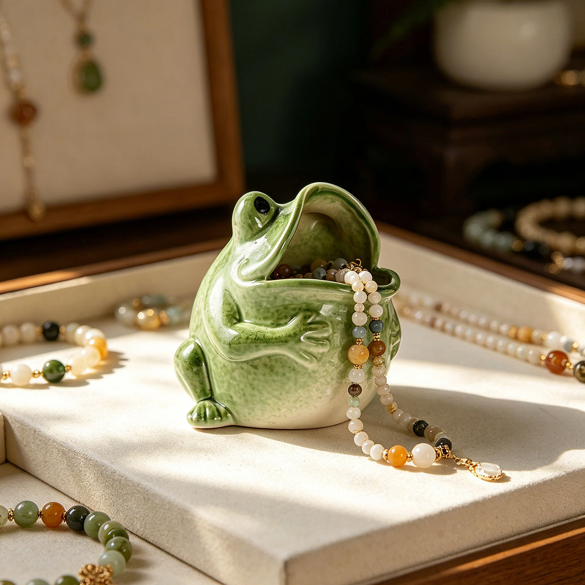 Ceramic Frog Jewelry Jar Decorative Ornament for Living Room - Minimalist Style