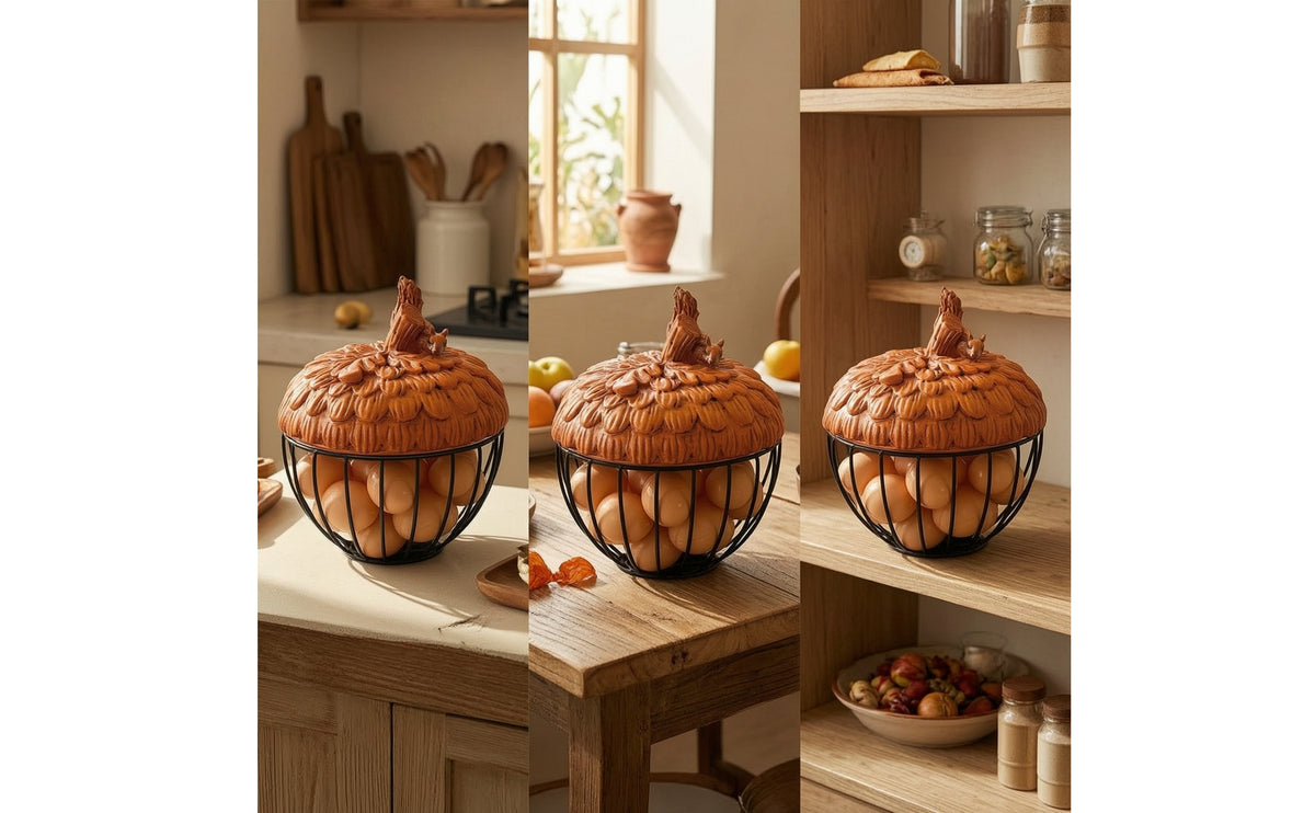 Acorn Storage Basket Decorative Wire Basket with Lid Rustic for Kitchen, Countertop