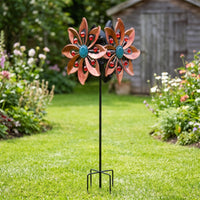 Kinetic Metal Pinwheel with Gem Accents Outdoor Wind Rotor with Stake Yard Metal Wind Rotor Lawn for Homeowners