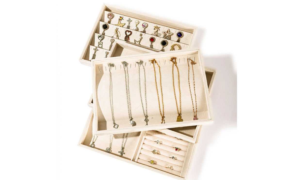 Beige Shallow Jewelry Display Tray Flat Velvet Jewelry Organizer Tray Organizing Home Storage