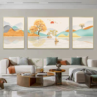 背靠金山三联画客厅装饰画沙发背景画简约挂画现代壁画山水墙画