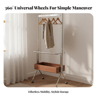 Vintage Design Stainless Steel Clothing Rack Rust Resistant Mobile Garment Rack with Storage Box Heavy Duty Unrestricted Standing Coat Stand Space Saving for Apartment Dwellers, Homeowners, Students, Bedroom, Entryway, Laundry Room, End of Bed