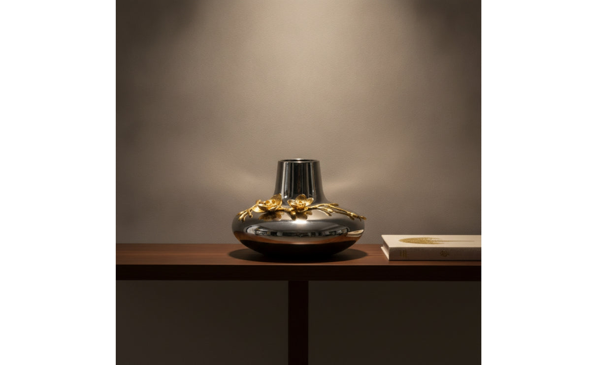 Silver Vase with Gold Floral Decoration Reflective Ceramic Flower Vase Decorative Vessel for Homeowners, Entryway Table