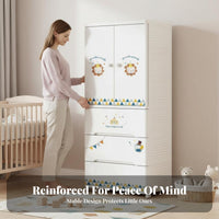 Large Capacity Wheeled kids' wardrobe Rounded Corners Storage Cabinet Cute creature Design Chest of Drawers Lockable Top Drawer for Children, Toddlers, Infants, Nursery, Bedroom, Playroom, Living Room