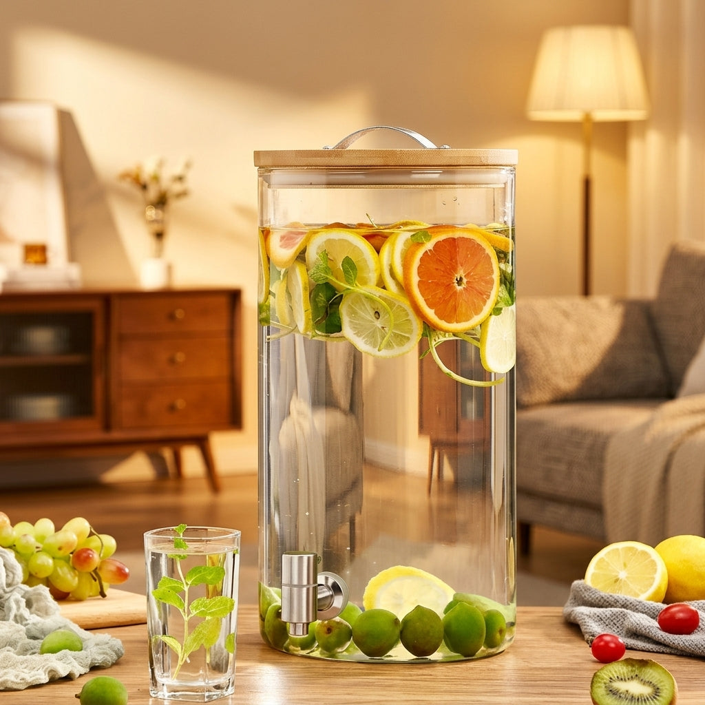 Water Dispenser Glass Jug with Wood Stand, Large Capacity Drink Dispenser and Cold Brew Coffee Maker, High-Temperature Resistant Glass Household Bar