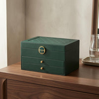 PU Leather Three-Layer Jewelry Box Geometric-patternedQuilted Hard-Shell Jewelry Case Pull-out Drawers Gold-Tone