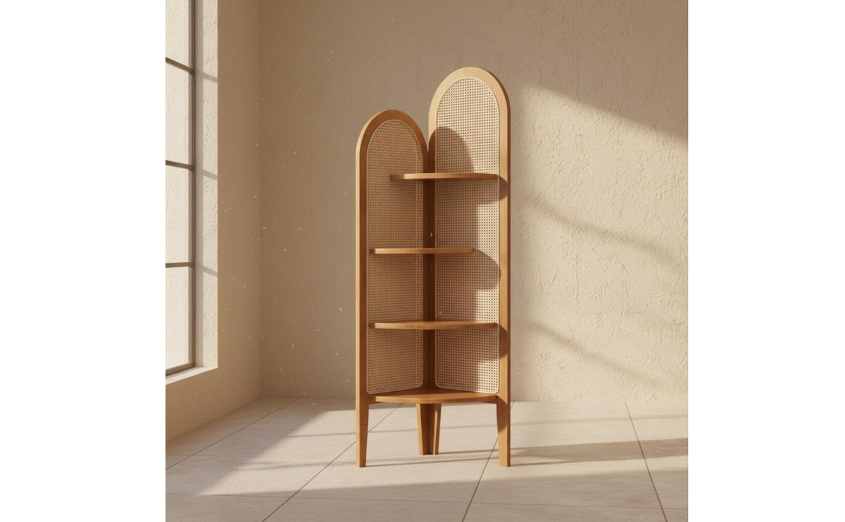 Rattan Corner Cabinet Texture Rattan Corner Shelf Unit Space-Saving Triangular Display Shelf for Bedroom, Living Room, Small Areas