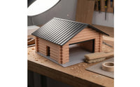 Gabled Roof Parking Garage Model Beige Log-Style Walls Miniature Parking Garage Open-Front