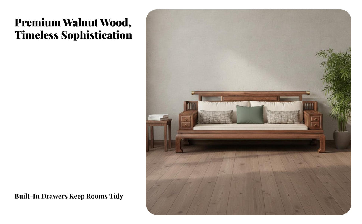 Chinese Design Arhat Bed Four-Season Use Walnut Storage Sofa Removable and Washable Covers Wooden Storage Daybed for Homeowners, Bedroom
