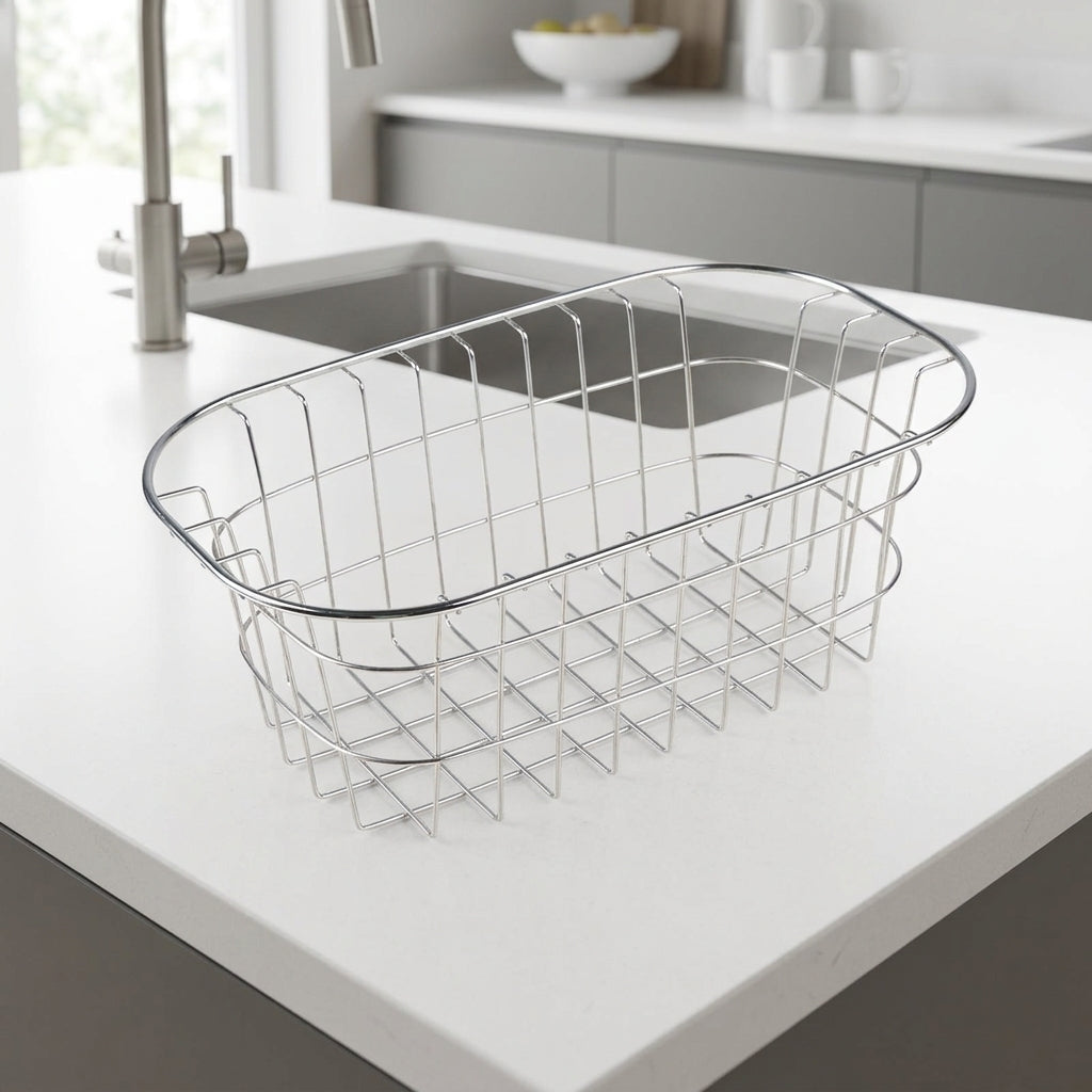 Kitchen Sink Colander Dish Rack, 304 Stainless Steel Thickened Drain Rack, Extendable Wire Grid Vegetable Washing Basket Kitchen Organiser Bowl