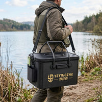 Collapsible Fishing Bucket, 21-32L EVA Foldable Bucket with Aerator, Portable Live Bait Bucket for Carp Fishing, Dark Wood Look