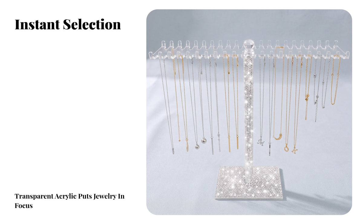 Jewelry Display Stand with Hooks | Clear Acrylic Design, Flat Rectangular Base, Necklace Display Stand with Hooks, for Vanity