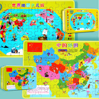 Magnetic World & China Map Puzzle for Kids, Educational Wooden Jigsaw with Iron Box, Thickened Early Learning Toy