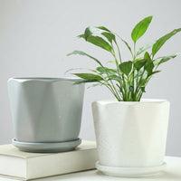 Plant Pots for House Plants and Indoor Plants, Pack of 2 White Wavy Ceramic Pots, Floor Standing Flower Pots for Snake Plant, Drainage Hole