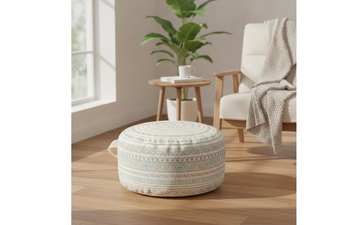 Cotton Floor Cushion with Handle Geometric Floor Ottoman Portable Round Pouf Padded for Living Room, Reading Corner