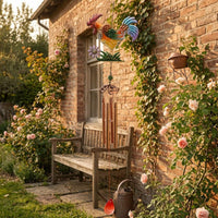 Hand-Painted Rooster-Shaped Wind Chime Iron Metal Wind Chime Glass Hanging Rooster-Shaped Ornament Flower and Foliage